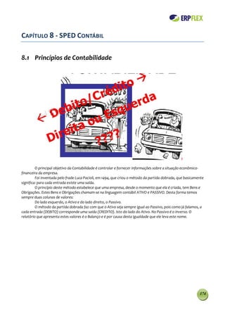 CAPÍTULO 8 - SPED CONTÁBIL

8.1 Princípios de Contabilidade




         O principal objetivo da Contabilidade é controlar e fornecer informações sobre a situação econômico-
financeira da empresa.
         Foi inventada pelo frade Luca Pacioli, em 1494, que criou o método da partida dobrada, que basicamente
significa: para cada entrada existe uma saída.
         O princípio deste método estabelece que uma empresa, desde o momento que ela é criada, tem Bens e
Obrigações. Estes Bens e Obrigações chamam-se na linguagem contábil ATIVO e PASSIVO. Desta forma temos
sempre duas colunas de valores:
         Do lado esquerdo, o Ativo e do lado direito, o Passivo.
         O método da partida dobrada faz com que o Ativo seja sempre igual ao Passivo, pois como já falamos, a
cada entrada (DEBITO) corresponde uma saída (CREDITO). Isto do lado do Ativo. No Passivo é o inverso. O
relatório que apresenta estes valores é o Balanço e é por causa desta igualdade que ele leva este nome.




                                                                                                            174
 