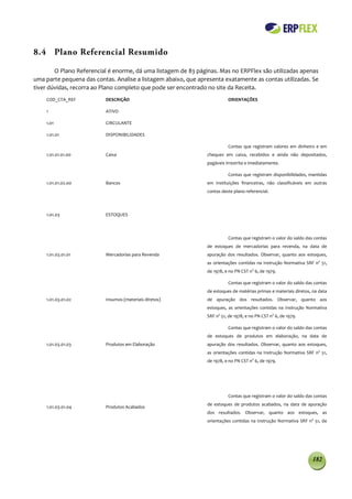 8.4 Plano Referencial Resumido

        O Plano Referencial é enorme, dá uma listagem de 83 páginas. Mas no ERPFlex são utilizadas apenas
uma parte pequena das contas. Analise a listagem abaixo, que apresenta exatamente as contas utilizadas. Se
tiver dúvidas, recorra ao Plano completo que pode ser encontrado no site da Receita.
    COD_CTA_REF           DESCRIÇÃO                                       ORIENTAÇÕES

    1                     ATIVO

    1.01                  CIRCULANTE

    1.01.01               DISPONIBILIDADES

                                                                          Contas que registram valores em dinheiro e em
    1.01.01.01.00         Caixa                                 cheques em caixa, recebidos e ainda não depositados,
                                                                pagáveis irrestrita e imediatamente.

                                                                          Contas que registram disponibilidades, mantidas
    1.01.01.02.00         Bancos                                em instituições financeiras, não classificáveis em outras
                                                                contas deste plano referencial.



    1.01.03               ESTOQUES



                                                                          Contas que registram o valor do saldo das contas
                                                                de estoques de mercadorias para revenda, na data de
    1.01.03.01.01         Mercadorias para Revenda              apuração dos resultados. Observar, quanto aos estoques,
                                                                as orientações contidas na Instrução Normativa SRF no 51,
                                                                de 1978, e no PN CST no 6, de 1979.

                                                                          Contas que registram o valor do saldo das contas
                                                                de estoques de matérias primas e materiais diretos, na data
    1.01.03.01.02         Insumos (materiais diretos)           de apuração dos resultados. Observar, quanto aos
                                                                estoques, as orientações contidas na Instrução Normativa
                                                                SRF no 51, de 1978, e no PN CST no 6, de 1979.

                                                                          Contas que registram o valor do saldo das contas
                                                                de estoques de produtos em elaboração, na data de
    1.01.03.01.03         Produtos em Elaboração                apuração dos resultados. Observar, quanto aos estoques,
                                                                as orientações contidas na Instrução Normativa SRF no 51,
                                                                de 1978, e no PN CST no 6, de 1979.




                                                                          Contas que registram o valor do saldo das contas
                                                                de estoques de produtos acabados, na data de apuração
    1.01.03.01.04         Produtos Acabados
                                                                dos resultados. Observar, quanto aos estoques, as
                                                                orientações contidas na Instrução Normativa SRF no 51, de




                                                                                                                    182
 