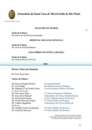 Pesquisas de Maria Nazarete de Barros Andrade
Coordenadora do Museu Augusto Carlos Ferreira Velloso
Provedoria de Dr. Kalil Rocha Abdalla - Agosto 2014
Irmandade da Santa Casa de Misericórdia de São Paulo
Mordomia do Museu e Capela
90
ASYLO DE INVÁLIDOS:
Chefe de Clínica:
Dr. José Luiz de Oliveira Guimarães
HOSPITAL SÃO LUIZ GONZAGA:
Chefe de Clínica
Dr. Jairo de Almeida Ramos
SANATÓRIO VICENTINA ARANHA:
Chefe de Clínica
Dr. Nelson Silveira D’Avila
Diretor Clínico dos Hospitais
Dr. José Ayres Neto
Chefes de Clínica:
Dr. Synesio Rangel Pestana em disponibilidade
Dr. Luiz Hoppe Pavilhão Pensionista Mulheres
Dr. Delphino P. de Uchôa Cintra Clínica Pediátrica Médica Pavilhão
Condessa Penteado
Dr. José Aryes Netto 1ª Clínica Cirúrgica de Mulheres
Dr. João Alves Pontual Ambulatório de Clínica Ophtalmológica
Dr. José Pereira Gomes Clínica Ophtalmológica de Homens
Dr. Ovidio Pires de Campos 1ª Clínica Médica de Homens
Dr. Amélio Magalhães Ambulatório de Clínica Médica de
Mulheres
Dr. Adolpho Carlos Lindenberg 4ª Clínica Médica de Homens
Dr. Celestino Bourroul 6ª Clínica Médica de Homens
1948
102
 