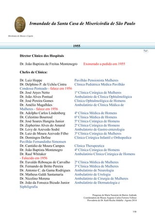 Pesquisas de Maria Nazarete de Barros Andrade
Coordenadora do Museu Augusto Carlos Ferreira Velloso
Provedoria de Dr. Kalil Rocha Abdalla - Agosto 2014
Irmandade da Santa Casa de Misericórdia de São Paulo
Mordomia do Museu e Capela
107
Diretor Clínico dos Hospitais
Dr. João Baptista de Freitas Montenegro Exonerado a pedido em 1955
Chefes de Clínica:
Dr. Luiz Hoppe Pavilhão Pensionista Mulheres
Dr. Delphino P. de Uchôa Cintra Clínica Pediátrica Médica Pavilhão
Condessa Penteado - falece em 1956
Dr. José Aryes Netto 1ª Clínica Cirúrgica de Mulheres
Dr. João Alves Pontual Ambulatório de Clínica Ophtalmológica
Dr. José Pereira Gomes Clínica Ophtalmológica de Homens
Dr. Amélio Magalhães Ambulatório de Clínica Médica de
Mulheres - falece em 1956
Dr. Adolpho Carlos Lindenberg 4ª Clínica Médica de Homens
Dr. Celestino Bourroul 6ª Clínica Médica de Homens
Dr. José Soares Hungria Junior 5ª Clínica Cirúrgica de Homens
Dr. Zepherino Alves do Amaral 2ª Clínica Cirúrgica de Homens
Dr. Levy de Azevedo Sodré Ambulatorio de Gastro-enterologia
Dr. Luiz de Moura Azevedo Filho 3ª Clínica Cirúrgica de Mulheres
Dr. Domingos Define Clínica Cirúrgica Infantil e Orthopedica
Pavilhão Fernandinho Simonsen
Dr. Cantidio de Moura Campos Clínica Therapeutica
Dr. João Baptista Montenegro 4ª Clínica Cirúrgica de Homens
Dr. Raul Whitaker Ambulatório Clínica Cirúrgica de Homens
- Falecido em 1956
Dr. Euvaldo Rebouças de Carvalho 2ª Clínica Médica de Mulheres
Dr. Fernando de Britto Pereira 3ª Clínica Médica de Mulheres
Dr. Antonio C. da Gama Rodrigues Ambulatório de Neurologia
Dr. Matheus Galdi Santamaria Ambulatório de Urologia
Dr. Nicolino Morena Ambulatório de Cirurgia de Mulheres
Dr. João da Fonseca Bicudo Junior Ambulatório de Dermatologia e
Siphiligrafia
1955
119
 