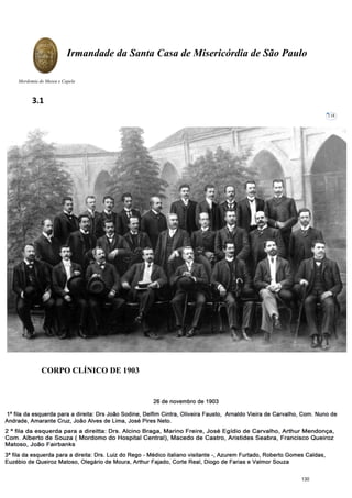 Pesquisas de Maria Nazarete de Barros Andrade
Coordenadora do Museu Augusto Carlos Ferreira Velloso
Provedoria de Dr. Kalil Rocha Abdalla - Agosto 2014
Irmandade da Santa Casa de Misericórdia de São Paulo
Mordomia do Museu e Capela
118
CORPO CLÍNICO DE 1903
3.1
130
 