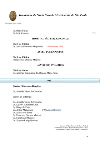 Pesquisas de Maria Nazarete de Barros Andrade
Coordenadora do Museu Augusto Carlos Ferreira Velloso
Provedoria de Dr. Kalil Rocha Abdalla - Agosto 2014
Irmandade da Santa Casa de Misericórdia de São Paulo
Mordomia do Museu e Capela
3
Dr. Baeta Neves
Dr. Petit Carneiro
HOSPITAL SÃO LUIZ GONZAGA:
Chefe de Clínica
Dr. José Lourenço de Magalhães Faleceu em 1905
ASYLO DOS EXPOSTOS
Chefe de Clínica
Francisco de Queiroz Mattoso
ASYLO DOS INVÁLIDOS
Chefe de clínica
Dr. Américo Brasiliense de Almeida Mello Filho
Diretor Clínico dos Hospitais
Dr. Arnaldo Vieira de Carvalho
Chefes de Clínicas:
Dr. Arnaldo Vieira de Carvalho
Dr. Luiz G. Amarante Cruz
Dr. Diogo de Faria
Dr. Arthur Mendonça 2ª Medicina Homens
Dr. João Alves Lima
Dr. Francisco Queiroz Mattoso
Dr. Euzébio de Queiroz
Dr. Synesio Rangel Pestana
1906
15
 