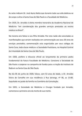 24
As setas indicam Dr. José Ayres Netto que durante toda sua vida dedicou-se
de corpo e alma à Santa Casa de São Paulo e a Faculdade de Medicina.
Em 1919, Dr. Arnaldo é eleito membro honorário da Academia Nacional de
Medicina “em consideração dos grandes serviços prestados ao ensino
médico no Brasil”.
No mesmo ano falece o seu filho Arnaldo. Por esta razão são canceladas as
manifestações que seriam realizadas em comemoração aos seus 30 anos de
serviços prestados; comemoração esta organizadas por seus colegas da
Santa Casa, toda classe médica e a Sociedade Paulistana, no Hospital Central
da Irmandade da Santa Casa de São Paulo.
Em 1920, profere o discurso oficial ao lançamento da primeira pedra
fundamental da futura Faculdade de Medicina. Conclama a Sociedade de
São Paulo a cooperar na campanha de fundos para a criação do Instituto de
Radium na Santa Casa de São Paulo.
No dia 05 de junho de 1920, falece, com 53 anos de idade, o Dr. Arnaldo
Vieira de Carvalho em sua residência à Rua Ipiranga, nº 06, as 13:00.
Sepultado no jazido da família no Cemitério da Consolação.
Em 1921, a Sociedade de Medicina e Cirurgia fundada por Arnaldo,
comemora o primeiro ano da morte de sua morte.
172
 