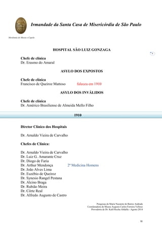 Pesquisas de Maria Nazarete de Barros Andrade
Coordenadora do Museu Augusto Carlos Ferreira Velloso
Provedoria de Dr. Kalil Rocha Abdalla - Agosto 2014
Irmandade da Santa Casa de Misericórdia de São Paulo
Mordomia do Museu e Capela
6
HOSPITAL SÃO LUIZ GONZAGA
Chefe de clínica
Dr. Erasmo do Amaral
ASYLO DOS EXPOSTOS
Chefe de clínica
Francisco de Queiroz Mattoso faleceu em 1910
ASYLO DOS INVÁLIDOS
Chefe de clínica
Dr. Américo Brasiliense de Almeida Mello Filho
Diretor Clínico dos Hospitais
Dr. Arnaldo Vieira de Carvalho
Chefes de Clínica:
Dr. Arnaldo Vieira de Carvalho
Dr. Luiz G. Amarante Cruz
Dr. Diogo de Faria
Dr. Arthur Mendonça 2ª Medicina Homens
Dr. João Alves Lima
Dr. Euzébio de Queiroz
Dr. Synesio Rangel Pestana
Dr. Alcino Braga
Dr. Rubião Meira
Dr. Côrte Real
Dr. Alfredo Augusto de Castro
1910
18
 