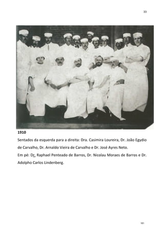 33
1910
Sentados da esquerda para a direita: Dra. Casimira Loureira, Dr. João Egydio
de Carvalho, Dr. Arnaldo Vieira de Carvalho e Dr. José Ayres Neto.
Em pé: Dr. Raphael Penteado de Barros, Dr. Nicolau Moraes de Barros e Dr.
Adolpho Carlos Lindenberg.
181
 