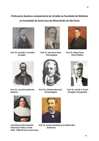 34
Professores doutores companheiros de Arnaldo na Faculdade de Medicina
na Irmandade da Santa Casa de Misericórdia de São Paulo
Prof. Dr. Arnaldo V. Carvalho Prof. Dr. José Ayres Neto Prof. Dr. Diogo Farias
Cirurgião Ginecologista Clínica Médica
Prof. Dr. Luiz Pereira Barreto Prof. Dr. Celestino Bourroul Prof. Dr. Luiz M. R. Puech
Botânico Parasitologista Cirurgião e Ortopedista
Irmã Maria Arsênia Berthet Prof. Dr. Américo Brasiliense de Mello Filho
Enfermeira Prática e Profª Sanitarista
1839 - 1906 (34 anos na Sta Casa)
182
 