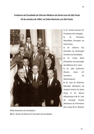 42
Criadores da Faculdade de Ciências Médicas da Santa Casa de São Paulo
22 de outubro de 1962, no Clube Nacional, em São Paulo.
1. Dr. Camilo Ansarah (1º
Presidente da Fundação),
2. Dr. Christiano
Altenfelder (Provedor da
Santa Casa),
3. Dr. Zeferino Vaz
(Conselho de Orientação
Científica da Faculdade);
4. Dr. Emílio Athiê
(Presidente da Associação
dos Médicos da S. Casa)
5. Dr. João Guilherme
Oliveira Costa (1º
Secretário da
Mantenedora);
6. Dr. José de Alcântara
Machado (Mordomo do
Hospital Central da Santa
Casa), 7. Dr. Moura
Albuquerque e 8. Dr. José
de Camargo Aranha
(Mordomo do Patrimônio
da S. Casa); 9. Dr. Roberto
Aflalo (Arquiteto da Faculdade) e
10. Dr. Nestor de Oliveira (1º Secretário da Faculdade)
190
 
