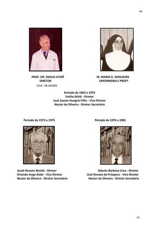 44
PROF. DR. EMILIO ATHIÊ IR. MARIA G. NOGUEIRA
DIRETOR ENFERMEIRA E PROFª
Período de 1963 a 1972
Emilio Athiê - Diretor
José Soares Hungria Filho - Vice-Diretor
Nestor de Oliveira - Diretor Secretário
Período de 1973 a 1975 Período de 1976 a 1981
Jacob Renato Woiski - Diretor Adauto Barbosa Lima - Diretor
Orlando Jorge Aidar - Vice-Diretor José Donato de Próspero - Vice-Diretor
Nestor de Oliveira - Diretor Secretário Nestor de Oliveira - Diretor Secretário
1918 - 08.042006
192
 