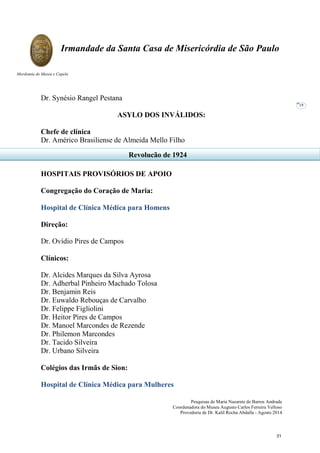 Pesquisas de Maria Nazarete de Barros Andrade
Coordenadora do Museu Augusto Carlos Ferreira Velloso
Provedoria de Dr. Kalil Rocha Abdalla - Agosto 2014
Irmandade da Santa Casa de Misericórdia de São Paulo
Mordomia do Museu e Capela
19
Dr. Synésio Rangel Pestana
ASYLO DOS INVÁLIDOS:
Chefe de clínica
Dr. Américo Brasiliense de Almeida Mello Filho
HOSPITAIS PROVISÓRIOS DE APOIO
Congregação do Coração de Maria:
Hospital de Clínica Médica para Homens
Direção:
Dr. Ovídio Pires de Campos
Clínicos:
Dr. Alcides Marques da Silva Ayrosa
Dr. Adherbal Pinheiro Machado Tolosa
Dr. Benjamin Reis
Dr. Euwaldo Rebouças de Carvalho
Dr. Felippe Figliolini
Dr. Heitor Pires de Campos
Dr. Manoel Marcondes de Rezende
Dr. Philemon Marcondes
Dr. Tacido Silveira
Dr. Urbano Silveira
Colégios das Irmãs de Sion:
Hospital de Clínica Médica para Mulheres
Revolução de 1924
31
 