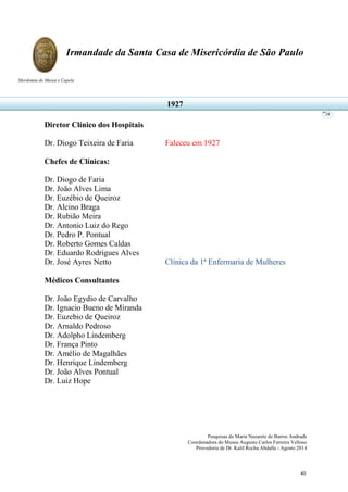 Pesquisas de Maria Nazarete de Barros Andrade
Coordenadora do Museu Augusto Carlos Ferreira Velloso
Provedoria de Dr. Kalil Rocha Abdalla - Agosto 2014
Irmandade da Santa Casa de Misericórdia de São Paulo
Mordomia do Museu e Capela
28
Diretor Clínico dos Hospitais
Dr. Diogo Teixeira de Faria Faleceu em 1927
Chefes de Clínicas:
Dr. Diogo de Faria
Dr. João Alves Lima
Dr. Euzébio de Queiroz
Dr. Alcino Braga
Dr. Rubião Meira
Dr. Antonio Luiz do Rego
Dr. Pedro P. Pontual
Dr. Roberto Gomes Caldas
Dr. Eduardo Rodrigues Alves
Dr. José Ayres Netto Clínica da 1ª Enfermaria de Mulheres
Médicos Consultantes
Dr. João Egydio de Carvalho
Dr. Ignacio Bueno de Miranda
Dr. Euzebio de Queiroz
Dr. Arnaldo Pedroso
Dr. Adolpho Lindemberg
Dr. França Pinto
Dr. Amélio de Magalhães
Dr. Henrique Lindemberg
Dr. João Alves Pontual
Dr. Luiz Hope
1927
40
 