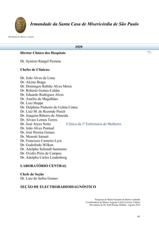Pesquisas de Maria Nazarete de Barros Andrade
Coordenadora do Museu Augusto Carlos Ferreira Velloso
Provedoria de Dr. Kalil Rocha Abdalla - Agosto 2014
Irmandade da Santa Casa de Misericórdia de São Paulo
Mordomia do Museu e Capela
31
Diretor Clínico dos Hospitais
Dr. Synésio Rangel Pestana
Chefes de Clínicas:
Dr. João Alves de Lima
Dr. Alcino Braga
Dr. Domingos Rubião Alves Meira
Dr. Roberto Gomes Caldas
Dr. Eduardo Rodrigues Alves
Dr. Amélio de Magalhães
Dr. Luiz Hoppe
Dr. Delphino Pinheiro de Uchôa Cintra
Dr. Luiz M. de Rezende Puech
Dr. Joaquim Ribeiro de Almeida
Dr. Alvaro Lemos Torres
Dr. José Aryes Netto Clínica da 1ª Enfermaria de Mulheres
Dr. João Alves Pontual
Dr. José Pereira Gomes
Dr. Menotti Sainati
Dr. Francisco Carneiro Lyra
Dr. Godofredo Wilken
Dr. Adolpho Schmidt Sarmento
Dr. Ovidio Pires de Campos
Dr. Adolpho Carlos Lindenberg
LABORATÓRIO CENTRAL
Chefe de Seção
Dr. Luiz de Salles Gomes
SEÇÃO DE ELECTRORADIODIAGNÓSTICO
1929
43
 