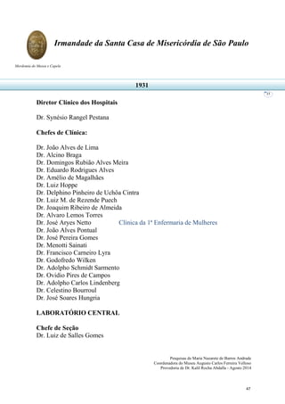 Pesquisas de Maria Nazarete de Barros Andrade
Coordenadora do Museu Augusto Carlos Ferreira Velloso
Provedoria de Dr. Kalil Rocha Abdalla - Agosto 2014
Irmandade da Santa Casa de Misericórdia de São Paulo
Mordomia do Museu e Capela
35
Diretor Clínico dos Hospitais
Dr. Synésio Rangel Pestana
Chefes de Clínica:
Dr. João Alves de Lima
Dr. Alcino Braga
Dr. Domingos Rubião Alves Meira
Dr. Eduardo Rodrigues Alves
Dr. Amélio de Magalhães
Dr. Luiz Hoppe
Dr. Delphino Pinheiro de Uchôa Cintra
Dr. Luiz M. de Rezende Puech
Dr. Joaquim Ribeiro de Almeida
Dr. Alvaro Lemos Torres
Dr. José Aryes Netto Clínica da 1ª Enfermaria de Mulheres
Dr. João Alves Pontual
Dr. José Pereira Gomes
Dr. Menotti Sainati
Dr. Francisco Carneiro Lyra
Dr. Godofredo Wilken
Dr. Adolpho Schmidt Sarmento
Dr. Ovidio Pires de Campos
Dr. Adolpho Carlos Lindenberg
Dr. Celestino Bourroul
Dr. José Soares Hungria
LABORATÓRIO CENTRAL
Chefe de Seção
Dr. Luiz de Salles Gomes
1931
47
 