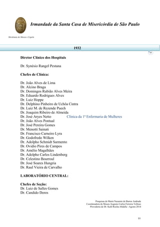 Pesquisas de Maria Nazarete de Barros Andrade
Coordenadora do Museu Augusto Carlos Ferreira Velloso
Provedoria de Dr. Kalil Rocha Abdalla - Agosto 2014
Irmandade da Santa Casa de Misericórdia de São Paulo
Mordomia do Museu e Capela
39
Diretor Clínico dos Hospitais
Dr. Synésio Rangel Pestana
Chefes de Clínica:
Dr. João Alves de Lima
Dr. Alcino Braga
Dr. Domingos Rubião Alves Meira
Dr. Eduardo Rodrigues Alves
Dr. Luiz Hoppe
Dr. Delphino Pinheiro de Uchôa Cintra
Dr. Luiz M. de Rezende Puech
Dr. Joaquim Ribeiro de Almeida
Dr. José Aryes Netto Clínica da 1ª Enfermaria de Mulheres
Dr. João Alves Pontual
Dr. José Pereira Gomes
Dr. Menotti Sainati
Dr. Francisco Carneiro Lyra
Dr. Godofredo Wilken
Dr. Adolpho Schmidt Sarmento
Dr. Ovidio Pires de Campos
Dr. Amélio Magalhães
Dr. Adolpho Carlos Lindenberg
Dr. Celestino Bourroul
Dr. José Soares Hungria
Dr. Raul Vieira de Carvalho
LABORATÓRIO CENTRAL:
Chefes de Seção:
Dr. Luiz de Salles Gomes
Dr. Candido Dores
1932
51
 
