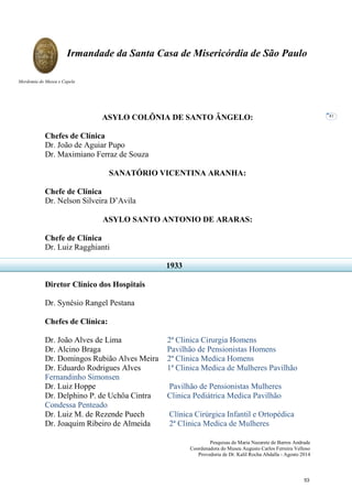 Pesquisas de Maria Nazarete de Barros Andrade
Coordenadora do Museu Augusto Carlos Ferreira Velloso
Provedoria de Dr. Kalil Rocha Abdalla - Agosto 2014
Irmandade da Santa Casa de Misericórdia de São Paulo
Mordomia do Museu e Capela
41
ASYLO COLÔNIA DE SANTO ÂNGELO:
Chefes de Clínica
Dr. João de Aguiar Pupo
Dr. Maximiano Ferraz de Souza
SANATÓRIO VICENTINA ARANHA:
Chefe de Clínica
Dr. Nelson Silveira D’Avila
ASYLO SANTO ANTONIO DE ARARAS:
Chefe de Clínica
Dr. Luiz Ragghianti
Diretor Clínico dos Hospitais
Dr. Synésio Rangel Pestana
Chefes de Clínica:
Dr. João Alves de Lima 2ª Clinica Cirurgia Homens
Dr. Alcino Braga Pavilhão de Pensionistas Homens
Dr. Domingos Rubião Alves Meira 2ª Clinica Medica Homens
Dr. Eduardo Rodrigues Alves 1ª Clinica Medica de Mulheres Pavilhão
Fernandinho Simonsen
Dr. Luiz Hoppe Pavilhão de Pensionistas Mulheres
Dr. Delphino P. de Uchôa Cintra Clinica Pediátrica Medica Pavilhão
Condessa Penteado
Dr. Luiz M. de Rezende Puech Clínica Cirúrgica Infantil e Ortopédica
Dr. Joaquim Ribeiro de Almeida 2ª Clinica Medica de Mulheres
1933
53
 
