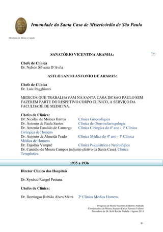 Pesquisas de Maria Nazarete de Barros Andrade
Coordenadora do Museu Augusto Carlos Ferreira Velloso
Provedoria de Dr. Kalil Rocha Abdalla - Agosto 2014
Irmandade da Santa Casa de Misericórdia de São Paulo
Mordomia do Museu e Capela
49
SANATÓRIO VICENTINA ARANHA:
Chefe de Clínica
Dr. Nelson Silveira D’Avila
ASYLO SANTO ANTONIO DE ARARAS:
Chefe de Clínica
Dr. Luiz Ragghianti
MEDICOS QUE TRABALHAVAM NA SANTA CASA DE SÃO PAULO SEM
FAZEREM PARTE DO RESPETIVO CORPO CLÍNICO, A SERVIÇO DA
FACULDADE DE MEDICINA.
Chefes de Clínica:
Dr. Nicolau de Moraes Barros Clínica Ginecológica
Dr. Antonio de Paula Santos Clínica de Otorrinolaringologia
Dr. Antonio Candido de Camargo Clínica Cirúrgica do 4º ano - 1ª Clínica
Cirúrgica de Homens
Dr. Antonio de Almeida Prado Clínica Médica do 4º ano - 1ª Clínica
Médica de Homens
Dr. Enjolras Vampré Clínica Psiquiátrica e Neurológica
Dr. Cantidio de Moura Campos (adjunto efetivo da Santa Casa). Clínica
Terapêutica
Diretor Clínico dos Hospitais
Dr. Synésio Rangel Pestana
Chefes de Clínica:
Dr. Domingos Rubião Alves Meira 2ª Clinica Medica Homens
1935 a 1936
61
 