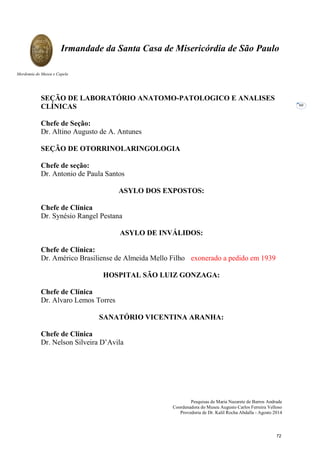 Pesquisas de Maria Nazarete de Barros Andrade
Coordenadora do Museu Augusto Carlos Ferreira Velloso
Provedoria de Dr. Kalil Rocha Abdalla - Agosto 2014
Irmandade da Santa Casa de Misericórdia de São Paulo
Mordomia do Museu e Capela
60
SEÇÃO DE LABORATÓRIO ANATOMO-PATOLOGICO E ANALISES
CLÍNICAS
Chefe de Seção:
Dr. Altino Augusto de A. Antunes
SEÇÃO DE OTORRINOLARINGOLOGIA
Chefe de seção:
Dr. Antonio de Paula Santos
ASYLO DOS EXPOSTOS:
Chefe de Clínica
Dr. Synésio Rangel Pestana
ASYLO DE INVÁLIDOS:
Chefe de Clínica:
Dr. Américo Brasiliense de Almeida Mello Filho exonerado a pedido em 1939
HOSPITAL SÃO LUIZ GONZAGA:
Chefe de Clínica
Dr. Alvaro Lemos Torres
SANATÓRIO VICENTINA ARANHA:
Chefe de Clínica
Dr. Nelson Silveira D’Avila
72
 