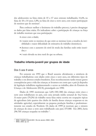 dos adolescentes na faixa etária de 15 a 17 anos estavam trabalhando; 11,6%, na
faixa de 10 a 14 anos; 1,8%, na faixa de cinco a nove anos, com maior participação
de meninos que de meninas.
      Para conhecer melhor o fenômeno do trabalho precoce, é preciso desagregar
os dados por faixa etária. Os indicadores sobre a participação de crianças na força
de trabalho mostram que essa participação:
           •	cresce com a idade;
           •	é maior entre os meninos do que entre as meninas (com a ressalva da invi-
             sibilidade e maior dificuldade de estimativa do trabalho doméstico);
           •	decresce com o aumento do nível de renda das famílias onde estão inseri-
             das; e
           •	é mais elevada na área rural do que na urbana.


Trabalho infanto-juvenil por grupos de idade


Dos 5 aos 9 anos
       Foi somente em 1993 que o Brasil assumiu oficialmente a existência de
crianças trabalhadoras com idades entre cinco e nove anos, em diferentes tipos de
trabalho e em diversos estados brasileiros. Esse reconhecimento tardio trouxe graves
conseqüências para a vida das crianças, se levarmos em conta que o país já dispunha
de legislação trabalhista regulamentando o acesso ao trabalho, além do Estatuto da
Criança e do Adolescente (ECA), promulgado em 1990.
       Dados de 1995 mostravam que 3,6% (581.300) das crianças entre cinco e
nove anos trabalhavam no país, com uma jornada média semanal de 16,2 horas.
A maior parte (79,2%) do trabalho nessa faixa etária ocorria em ocupações típicas
da agricultura (três quartos dos chefes de família dessas crianças ocupavam-se em
atividades agrícolas), especialmente na pequena produção familiar, e predominan-
temente nos estados do Nordeste. Os dados de 1999 já mostram que o número
de crianças de cinco a nove anos trabalhando caiu para 375.000. Em 2001, havia
296.705 crianças ocupadas no trabalho .



    	 IBGE. Trabalho Infantil-2001. Rio de Janeiro: IBGE, 2003.

    	 IBGE, 2003. op. cit.




                                                                                   61
 