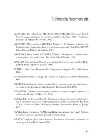 Bibliografia Recomendada


AZEVEDO, J.S. Gabrielli de, MENEZES, W.F. FERNANDES, C. M. Fora de
 lugar. Crianças e adolescentes no mercado de trabalho. São Paulo: ABET-Associação
 Brasileira de Estudos do Trabalho, 2000.

AZEVEDO, Maria Amélia e GUERRA, Viviane N. de Azevedo. Infância e vio-
 lência doméstica. Perguntelho. O que os profissionais querem saber. São Paulo: IPUSP/
 Laboratório de Estudos da Criança, 1994.

AZEVEDO, Maria Amélia e GUERRA, Viviane N. de Azevedo. Violência domés-
 tica na infância e na adolescência. São Paulo: Robe Editorial, 1995.

BAZÍLIO, Luiz Cavalieri. O menor e a ideologia da segurança nacional. Belo Hori-
 zonte: Editora Vega/Novo Espaço, 1985.

BIANCHI, Ana (Org.) Plantando Axé. Uma proposta pedagógica. São Paulo: Cortez,
 2000.

CARVALHO, Marta M. Chagas de. A Escola e a República. São Paulo: Brasiliense,
 1989.

CECRIA. Indicadores de violência intrafamiliar e exploração sexual comercial de crian-
 ças e adolescentes. Brasília: Cecria/Ministério da Justiça/CESE, 1998.

CONANDA. Diretrizes nacionais para a política de atenção integral à infância e à
 adolescência. Brasília: CONANDA, 2000.

COSTA, João de Jesus da (Coord.) Rompendo o silêncio. Seminário multiprofissio-
 nal de capacitação sobre abuso e exploração sexual de crianças e adolescentes. São Luís:
 CDCA, Centro de Defesa Pe.Marcos Passerini, Procuradoria Geral da Justiça.
 1997.

COSTA, Liana Fortunato e ALMEIDA, Tânia Mara Campos de (Orgs). Violência
 no cotidiano. Do risco à proteção. Brasília: Universa, 2005.

CRAMI/Campinas. Abuso sexual doméstico. Atendimento às vítimas e responsabiliza-
 ção do agressor. São Paulo:Cortez, 2002.



                                                                                      87
 