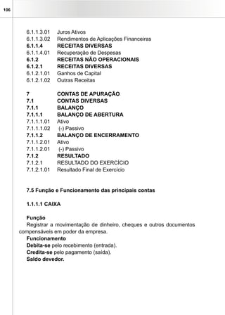 106
6.1.1.3.01	 Juros Ativos
6.1.1.3.02	 Rendimentos de Aplicações Financeiras
6.1.1.4	 RECEITAS DIVERSAS
6.1.1.4.01	 Recuperação de Despesas
6.1.2	 RECEITAS NÃO OPERACIONAIS
6.1.2.1	 RECEITAS DIVERSAS
6.1.2.1.01	 Ganhos de Capital
6.1.2.1.02	 Outras Receitas
7		 CONTAS DE APURAÇÃO
7.1		 CONTAS DIVERSAS
7.1.1	 BALANÇO
7.1.1.1	 BALANÇO DE ABERTURA
7.1.1.1.01	 Ativo
7.1.1.1.02	 (-) Passivo		
7.1.1.2	 BALANÇO DE ENCERRAMENTO
7.1.1.2.01	 Ativo
7.1.1.2.01	 (-) Passivo
7.1.2	 RESULTADO
7.1.2.1	 RESULTADO DO EXERCÍCIO
7.1.2.1.01	 Resultado Final de Exercício		
7.5 Função e Funcionamento das principais contas
1.1.1.1 CAIXA
Função
Registrar a movimentação de dinheiro, cheques e outros documentos
compensáveis em poder da empresa.
Funcionamento
Debita-se pelo recebimento (entrada).
Credita-se pelo pagamento (saída).
Saldo devedor.
 