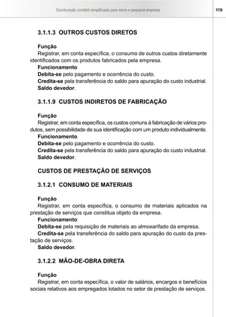 Escrituração contábil simplificada para micro e pequena empresa 119
3.1.1.3 OUTROS CUSTOS DIRETOS
Função
Registrar, em conta específica, o consumo de outros custos diretamente
identificados com os produtos fabricados pela empresa.
Funcionamento
Debita-se pelo pagamento e ocorrência do custo.
Credita-se pela transferência do saldo para apuração do custo industrial.
Saldo devedor.
3.1.1.9 CUSTOS INDIRETOS DE FABRICAÇÃO
Função
Registrar, em conta específica, os custos comuns à fabricação de vários pro-
dutos, sem possibilidade de sua identificação com um produto individualmente.
Funcionamento
Debita-se pelo pagamento e ocorrência do custo.
Credita-se pela transferência do saldo para apuração do custo industrial.
Saldo devedor.
CUSTOS DE PRESTAÇÃO DE SERVIÇOS
3.1.2.1 CONSUMO DE MATERIAIS
Função
Registrar, em conta específica, o consumo de materiais aplicados na
prestação de serviços que constitua objeto da empresa.
Funcionamento
Debita-se pela requisição de materiais ao almoxarifado da empresa.
Credita-se pela transferência do saldo para apuração do custo da pres-
tação de serviços.
Saldo devedor.
3.1.2.2 MÃO-DE-OBRA DIRETA
Função
Registrar, em conta específica, o valor de salários, encargos e benefícios
sociais relativos aos empregados lotados no setor de prestação de serviços.
 
