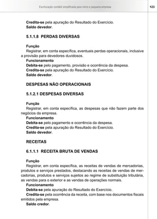 Escrituração contábil simplificada para micro e pequena empresa 123
Credita-se pela apuração do Resultado do Exercício.
Saldo devedor.
5.1.1.8 PERDAS DIVERSAS
Função
Registrar, em conta específica, eventuais perdas operacionais, inclusive
a provisão para devedores duvidosos.
Funcionamento
Debita-se pelo pagamento, provisão e ocorrência da despesa.
Credita-se pela apuração do Resultado do Exercício.
Saldo devedor.
DESPESAS NÃO OPERACIONAIS
5.1.2.1 DESPESAS DIVERSAS
Função
Registrar, em conta específica, as despesas que não fazem parte dos
negócios da empresa.
Funcionamento
Debita-se pelo pagamento e ocorrência da despesa.
Credita-se pela apuração do Resultado do Exercício.
Saldo devedor.
RECEITAS
6.1.1.1 RECEITA BRUTA DE VENDAS
Função
Registrar, em conta específica, as receitas de vendas de mercadorias,
produtos e serviços prestados, destacando as receitas de vendas de mer-
cadorias, produtos e serviços sujeitos ao regime de substituição tributária,
as vendas para o exterior e as vendas de operações normais.
Funcionamento
Debita-se pela apuração do Resultado do Exercício.
Credita-se pela ocorrência da receita, com base nos documentos fiscais
emitidos pela empresa.
Saldo credor.
 