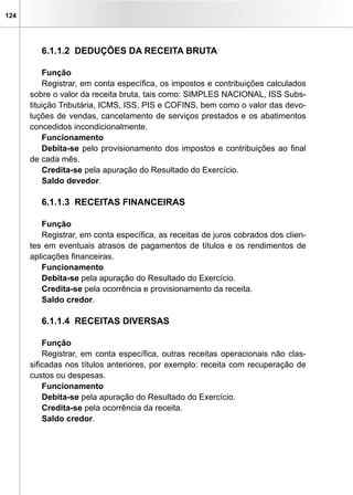 124
6.1.1.2 DEDUÇÕES DA RECEITA BRUTA
Função
Registrar, em conta específica, os impostos e contribuições calculados
sobre o valor da receita bruta, tais como: SIMPLES NACIONAL, ISS Subs-
tituição Tributária, ICMS, ISS, PIS e COFINS, bem como o valor das devo-
luções de vendas, cancelamento de serviços prestados e os abatimentos
concedidos incondicionalmente.
Funcionamento
Debita-se pelo provisionamento dos impostos e contribuições ao final
de cada mês.
Credita-se pela apuração do Resultado do Exercício.
Saldo devedor.
6.1.1.3 RECEITAS FINANCEIRAS 	
Função
Registrar, em conta específica, as receitas de juros cobrados dos clien-
tes em eventuais atrasos de pagamentos de títulos e os rendimentos de
aplicações financeiras.
Funcionamento
Debita-se pela apuração do Resultado do Exercício.
Credita-se pela ocorrência e provisionamento da receita.
Saldo credor.
6.1.1.4 RECEITAS DIVERSAS
Função
Registrar, em conta específica, outras receitas operacionais não clas-
sificadas nos títulos anteriores, por exemplo: receita com recuperação de
custos ou despesas.
Funcionamento
Debita-se pela apuração do Resultado do Exercício.
Credita-se pela ocorrência da receita.
Saldo credor.
 