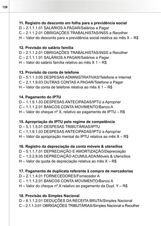 128
11. Registro do desconto em folha para a previdência social
D – 2.1.1.1.01 SALÁRIOS A PAGAR/Salários a Pagar
C – 2.1.1.2.01 OBRIGAÇÕES TRABALHISTAS/INSS a Recolher
H – Valor do desconto para a previdência social relativa ao mês X – R$
12. Provisão do salário família
D – 2.1.1.2.01 OBRIGAÇÕES TRABALHISTAS/INSS a Recolher
C – 2.1.1.1.01 SALÁRIOS A PAGAR/Salários a Pagar
H – Valor do salário família relativo ao mês X 1 – R$
13. Provisão da conta de telefone
D – 5.1.1.3.05 DESPESAS ADMINISTRATIVAS/Telefone e Internet
C – 2.1.1.9.03 OUTRAS CONTAS A PAGAR/Telefone a Pagar
H – Valor da conta de telefone relativa ao mês X 1 – R$
14. Pagamento do IPTU
D – 1.1.9.1.03 DESPESAS ANTECIPADAS/IPTU a Apropriar
C – 1.1.1.2.01 BANCOS CONTA MOVIMENTO/Banco A
H – Valor do cheque nº X, relativo ao pagamento de IPTU – R$
15. Apropriação do IPTU pelo regime de competência
D – 5.1.1.5.01 DESPESAS TRIBUTÁRIAS/IPTU
C – 1.1.9.1.03 DESPESAS ANTECIPADAS/IPTU a Apropriar
H – Valor da apropriação mensal do IPTU relativa ao mês X – R$
16. Registro da depreciação da conta móveis & utensílios
D – 5.1.1.7.01 DEPRECIAÇÃO E AMORTIZAÇÃO/Depreciação
C – 1.3.2.9.05 DEPRECIAÇÃO ACUMULADA/Móveis & Utensílios
H – Valor da quota de depreciação relativa ao mês X – R$
17. Pagamento de duplicata referente à compra de mercadorias
D – 2.1.1.4.01 FORNECEDORES/Fornecedor A
C – 1.1.1.2.01 BANCOS CONTA MOVIMENTO/Banco A
H – Valor do cheque nº X relativo ao pagamento da Dupl. Y – R$
18. Provisão do Simples Nacional
D – 6.1.1.2.01 DEDUÇÕES DA RECEITA BRUTA/Simples Nacional
C – 2.1.1.3.01 OBRIGAÇÕES TRIBUTÁRIAS/Simples Nacional a Recolher
 