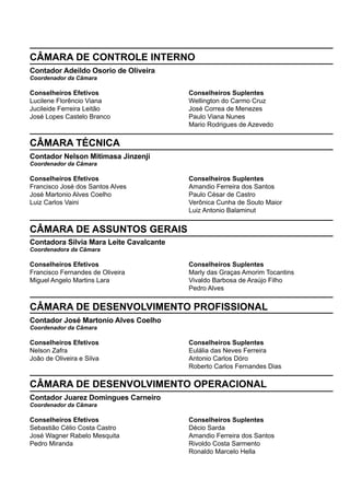 CÂMARA DE CONTROLE INTERNO
Conselheiros Efetivos
Lucilene Florêncio Viana
Jucileide Ferreira Leitão
José Lopes Castelo Branco
Contador Adeildo Osorio de Oliveira
Coordenador da Câmara
Conselheiros Suplentes
Wellington do Carmo Cruz
José Correa de Menezes
Paulo Viana Nunes
Mario Rodrigues de Azevedo
CÂMARA TÉCNICA
Conselheiros Efetivos
Francisco José dos Santos Alves
José Martonio Alves Coelho
Luiz Carlos Vaini
Contador Nelson Mitimasa Jinzenji
Coordenador da Câmara
Conselheiros Suplentes
Amandio Ferreira dos Santos
Paulo César de Castro
Verônica Cunha de Souto Maior
Luiz Antonio Balaminut
CÂMARA DE ASSUNTOS GERAIS
Conselheiros Efetivos
Francisco Fernandes de Oliveira
Miguel Angelo Martins Lara
Contadora Silvia Mara Leite Cavalcante
Coordenadora da Câmara
Conselheiros Suplentes
Marly das Graças Amorim Tocantins
Vivaldo Barbosa de Araújo Filho
Pedro Alves
CÂMARA DE DESENVOLVIMENTO PROFISSIONAL
Conselheiros Efetivos
Nelson Zafra
João de Oliveira e Silva
Contador José Martonio Alves Coelho
Coordenador da Câmara
Conselheiros Suplentes
Eulália das Neves Ferreira
Antonio Carlos Dóro
Roberto Carlos Fernandes Dias
CÂMARA DE DESENVOLVIMENTO OPERACIONAL
Conselheiros Efetivos
Sebastião Célio Costa Castro
José Wagner Rabelo Mesquita
Pedro Miranda
Contador Juarez Domingues Carneiro
Coordenador da Câmara
Conselheiros Suplentes
Décio Sarda
Amandio Ferreira dos Santos
Rivoldo Costa Sarmento
Ronaldo Marcelo Hella
 