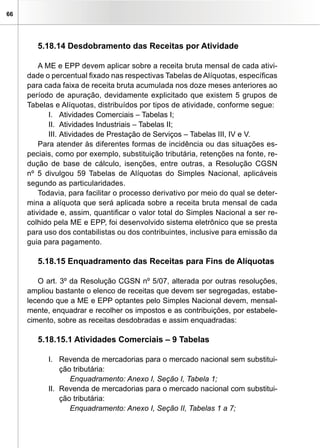 66
5.18.14 Desdobramento das Receitas por Atividade
A ME e EPP devem aplicar sobre a receita bruta mensal de cada ativi-
dade o percentual fixado nas respectivas Tabelas de Alíquotas, específicas
para cada faixa de receita bruta acumulada nos doze meses anteriores ao
período de apuração, devidamente explicitado que existem 5 grupos de
Tabelas e Alíquotas, distribuídos por tipos de atividade, conforme segue:
I.	 Atividades Comerciais – Tabelas I;
II.	 Atividades Industriais – Tabelas II;
III.	Atividades de Prestação de Serviços – Tabelas III, IV e V.
Para atender às diferentes formas de incidência ou das situações es-
peciais, como por exemplo, substituição tributária, retenções na fonte, re-
dução de base de cálculo, isenções, entre outras, a Resolução CGSN
nº 5 divulgou 59 Tabelas de Alíquotas do Simples Nacional, aplicáveis
segundo as particularidades.
Todavia, para facilitar o processo derivativo por meio do qual se deter-
mina a alíquota que será aplicada sobre a receita bruta mensal de cada
atividade e, assim, quantificar o valor total do Simples Nacional a ser re-
colhido pela ME e EPP, foi desenvolvido sistema eletrônico que se presta
para uso dos contabilistas ou dos contribuintes, inclusive para emissão da
guia para pagamento.
5.18.15 Enquadramento das Receitas para Fins de Alíquotas
O art. 3º da Resolução CGSN nº 5/07, alterada por outras resoluções,
ampliou bastante o elenco de receitas que devem ser segregadas, estabe-
lecendo que a ME e EPP optantes pelo Simples Nacional devem, mensal-
mente, enquadrar e recolher os impostos e as contribuições, por estabele-
cimento, sobre as receitas desdobradas e assim enquadradas:
5.18.15.1 Atividades Comerciais – 9 Tabelas
I.	 Revenda de mercadorias para o mercado nacional sem substitui-
ção tributária:
Enquadramento: Anexo I, Seção I, Tabela 1;
II.	 Revenda de mercadorias para o mercado nacional com substitui-
ção tributária:
Enquadramento: Anexo I, Seção II, Tabelas 1 a 7;
 
