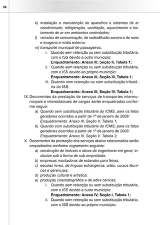 68
k)	 instalação e manutenção de aparelhos e sistemas de ar
condicionado, refrigeração, ventilação, aquecimento e tra-
tamento de ar em ambientes controlados;
l)	 veículos de comunicação, de radiodifusão sonora e de sons
e imagens e mídia externa;
m)	transporte municipal de passageiros;
i.	 Quando sem retenção ou sem substituição tributária,
com o ISS devido a outro município:
	 Enquadramento: Anexo III, Seção II, Tabela 1;
ii.	 Quando sem retenção ou sem substituição tributária,
com o ISS devido ao próprio município:
	 Enquadramento: Anexo III, Seção III, Tabela 1;
iii.	Quando com retenção ou com substituição tributá-
ria do ISS:
	 Enquadramento: Anexo III, Seção IV, Tabela 1;
IX.	Decorrentes da prestação de serviços de transportes intermu-
nicipais e interestaduais de cargas serão enquadrados confor-
me segue:
a)	 Quando sem substituição tributária do ICMS, para os fatos
geradores ocorridos a partir de 1º de janeiro de 2008:
	 Enquadramento: Anexo III, Seção V, Tabela 1;
b)	 Quando com substituição tributária do ICMS, para os fatos
geradores ocorridos a partir de 1º de janeiro de 2008:
	 Enquadramento: Anexo III, Seção V, Tabela 2;
X.	 Decorrentes da prestação dos serviços abaixo relacionados serão
enquadrados conforme regramento seguinte:
a)	 construção de imóveis e obras de engenharia em geral, in-
clusive sob a forma de sub-empreitada;
b)	 empresas montadoras de estandes para feiras;
c)	 escolas livres, de línguas estrangeiras, artes, cursos técni-
cos e gerenciais;
d)	 produção cultural e artística;
e)	 produção cinematográfica e de artes cênicas;
i.	 Quando sem retenção ou sem substituição tributária,
com o ISS devido a outro município:
	 Enquadramento: Anexo IV, Seção I, Tabela 1;
ii.	 Quando sem retenção ou sem substituição tributária,
com o ISS devido ao próprio município:
 
