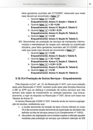 Escrituração contábil simplificada para micro e pequena empresa 71
fatos geradores ocorridos até 31/12/2007, observado que neste
caso deverá ser encontrado o fator “r”:
i.	 Quando fator “r” > 0,40:
Enquadramento: Anexo V, Seção I, Tabela 5;
ii.	 Quando fator “r” > 35 < 0,40:
Enquadramento: Anexo V, Seção II, Tabela 5;
iii.	 Quando fator “r” > 0,30 < 0,35:
Enquadramento: Anexo V, Seção III, Tabela 5;
iv.	 Quando fator “r” < 0,30:
Enquadramento: Anexo V, Seção IV, Tabela 5;
XIV. Decorrentes da prestação de serviços de transportes intermu-
nicipais e interestaduais de cargas com retenção ou substituição
tributária, para fatos geradores ocorridos até 31/12/2007, obser-
vado que neste caso deverá ser encontrado o fator “r”:
i.	 Quando fator “r” > 0,40:
Enquadramento: Anexo V, Seção I, Tabela 6;
ii.	 Quando fator “r” > 35 < 0,40:
Enquadramento: Anexo V, Seção II, Tabela 6;
iii.	 Quando fator “r” > 0,30 < 0,35:
Enquadramento: Anexo V, Seção III, Tabela 6;
iv.	 Quando fator “r” < 0,30:
Enquadramento: Anexo V, Seção IV, Tabela 6;
5.18.15.4 Prestação de Outros Serviços – Enquadramento
Pelo disposto no § 4°, art. 12, da Resolução nº 4/07, com nova redação
dada pela Resolução nº 20/07, também pode optar pelo Simples Nacional
a ME ou EPP que se dedique à prestação de outros serviços que não
tenham sido objeto de impedimento ou vedação expressa, cujo enqua-
dramento, a rigor do disposto na Resolução nº 5/07, dá-se com base nas
Tabelas do Anexo III.
A mesma Resolução CGSN nº 5/07, tratando ainda da mesma segrega-
ção de receitas, estabeleceu que:
I.	 a receita decorrente da locação de bens móveis referida no inciso
VII é tão-somente aquela decorrente da exploração de atividade não
definida na lista de serviços anexa à Lei Complementar nº 116/03;
II.	 não podem ser segregadas como receitas sujeitas a retenção aquelas
recebidas pela prestação de serviços que sofrerem retenção do ISS
 