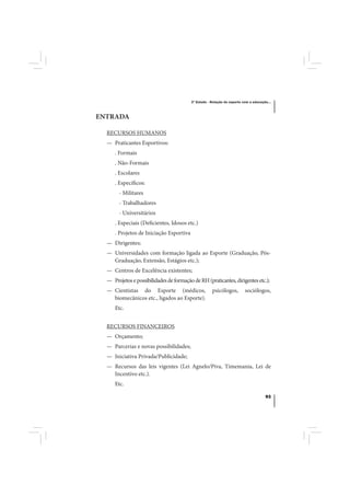 3º Estudo - Relação do esporte com a educação...



ENTRADA

  RECURSOS HUMANOS
  — Praticantes Esportivos:
     . Formais
     . Não-Formais
     . Escolares
     . Específicos:
       - Militares
       - Trabalhadores
       - Universitários
     . Especiais (Deficientes, Idosos etc.)
     . Projetos de Iniciação Esportiva
  — Dirigentes;
  — Universidades com formação ligada ao Esporte (Graduação, Pós-
    Graduação, Extensão, Estágios etc.);
  — Centros de Excelência existentes;
  — Projetos e possibilidades de formação de RH (praticantes, dirigentes etc.);
  — Cientistas do Esporte (médicos,                  psicólogos,         sociólogos,
    biomecânicos etc., ligados ao Esporte).
     Etc.


  RECURSOS FINANCEIROS
  — Orçamento;
  — Parcerias e novas possibilidades;
  — Iniciativa Privada/Publicidade;
  — Recursos das leis vigentes (Lei Agnelo/Piva, Timemania, Lei de
    Incentivo etc.).
     Etc.

                                                                                     93
 