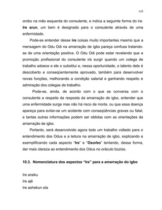 orobo na mão esquerda do consulente, e indica a seguinte forma do ire:
Ire arun, um bem é designado para o consulente através de uma
enfermidade.
Pode-se entender desse ire coisas muito importantes mesmo que a
mensagem do Odu Odi na amarração de igbo pareça confusa tratando-
se de uma orientação positiva. O Odu Odi pode estar revelando que a
promoção profissional do consulente irá surgir quando um colega de
trabalho adoece e ele o substitui e, nessa oportunidade, o talento dele é
descoberto e conseqüentemente aprovado, também para desenvolver
novas funções, melhorando a condição salarial e ganhando respeito e
admiração dos colegas de trabalho.
Pode-se, ainda, de acordo com o que se conversa com o
consulente a respeito da resposta da amarração de igbo, entender que
uma enfermidade surge mas não há risco de morte, ou que essa doença
apareça para evitar-se um acidente com conseqüências graves ou fatal,
e tantas outras informações podem ser obtidas com as orientações da
amarração de igbo.
Portanto, será desenvolvido agora todo um trabalho voltado para o
entendimento dos Odus e a leitura na amarração de igbo, explicando e
exemplificando cada aspecto “Ire” e “Osorbo” tentando, dessa forma,
dar mais clareza ao entendimento dos Odus no oráculo búzios.
10.3. Nomenclatura dos aspectos “Ire” para a amarração do igbo
Ire araiku
Ire ajê
Ire ashekun ota
145
 