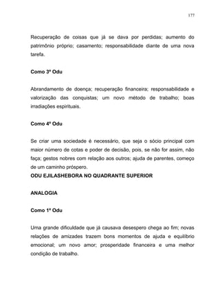 Recuperação de coisas que já se dava por perdidas; aumento do
patrimônio próprio; casamento; responsabilidade diante de uma nova
tarefa.
Como 3º Odu
Abrandamento de doença; recuperação financeira; responsabilidade e
valorização das conquistas; um novo método de trabalho; boas
irradiações espirituais.
Como 4º Odu
Se criar uma sociedade é necessário, que seja o sócio principal com
maior número de cotas e poder de decisão, pois, se não for assim, não
faça; gestos nobres com relação aos outros; ajuda de parentes, começo
de um caminho próspero.
ODU EJILASHEBORA NO QUADRANTE SUPERIOR
ANALOGIA
Como 1º Odu
Uma grande dificuldade que já causava desespero chega ao fim; novas
relações de amizades trazem bons momentos de ajuda e equilíbrio
emocional; um novo amor; prosperidade financeira e uma melhor
condição de trabalho.
177
 