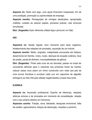 Aspecto ire: Sorte com jogo, uma ajuda financeira inesperada, fim de
uma proibição, promoção ou oportunidade de emprego.
Aspecto osorbo: Perseguição de inimigos declarados, apropriação
indébita, cuidado ao assinar papéis, processo judicial, vida amorosa
tumultuada.
Ebó: (Sugestão) fazer oferenda a Baba Egun (procurar um Ojé)
ODI
Aspectos ire: Saúde regular, bom momento para fazer negócios,
fortalecimento das relações de amizades, aquisição de um imóvel.
Aspecto osorbo: Medo, angústia, malignidade provocada pôr feitiços,
desarmonia em família, vícios, roubo, doenças de erupção cutânea, risco
de prisão, perda de dinheiro, incompatibilidade de gênios.
Ebó: (Sugestão) Pintar sete ovos de cor dourada, passar no corpo do
consulente defronte para o nascente nas primeiras horas da manhã,
colocar esses ovos sobre um ninho construído com mato aos pés de
uma arvore frondosa e envolver cada ovo em capuchos de algodão
entrega-lo ao Odu Odi para afastar negatividades e trazer boa sorte.
EJIONILE
Aspecto ira: Ascensão profissional. Espírito de liderança, relações
afetivas amoras e de amizades em momento de consolidação, relação
com o seu próprio destino em harmonia,
Aspectos osorbo: Traição, raiva, falsidade, desajuste emocional, falta
de caráter, egocentrismo, feitiços de destruição, mazelas a caminho.
191
 