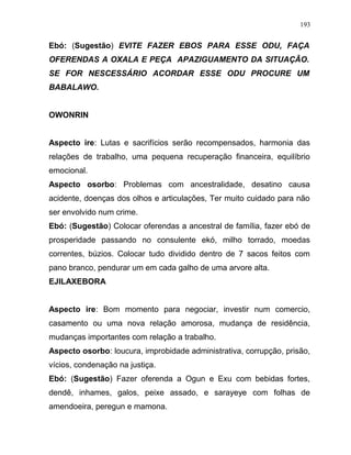 Ebó: (Sugestão) EVITE FAZER EBOS PARA ESSE ODU, FAÇA
OFERENDAS A OXALA E PEÇA APAZIGUAMENTO DA SITUAÇÂO.
SE FOR NESCESSÁRIO ACORDAR ESSE ODU PROCURE UM
BABALAWO.
OWONRIN
Aspecto ire: Lutas e sacrifícios serão recompensados, harmonia das
relações de trabalho, uma pequena recuperação financeira, equilíbrio
emocional.
Aspecto osorbo: Problemas com ancestralidade, desatino causa
acidente, doenças dos olhos e articulações, Ter muito cuidado para não
ser envolvido num crime.
Ebó: (Sugestão) Colocar oferendas a ancestral de família, fazer ebó de
prosperidade passando no consulente ekó, milho torrado, moedas
correntes, búzios. Colocar tudo dividido dentro de 7 sacos feitos com
pano branco, pendurar um em cada galho de uma arvore alta.
EJILAXEBORA
Aspecto ire: Bom momento para negociar, investir num comercio,
casamento ou uma nova relação amorosa, mudança de residência,
mudanças importantes com relação a trabalho.
Aspecto osorbo: loucura, improbidade administrativa, corrupção, prisão,
vícios, condenação na justiça.
Ebó: (Sugestão) Fazer oferenda a Ogun e Exu com bebidas fortes,
dendê, inhames, galos, peixe assado, e sarayeye com folhas de
amendoeira, peregun e mamona.
193
 