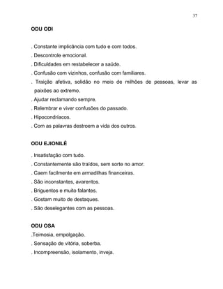 ODU ODI
. Constante implicância com tudo e com todos.
. Descontrole emocional.
. Dificuldades em restabelecer a saúde.
. Confusão com vizinhos, confusão com familiares.
. Traição afetiva, solidão no meio de milhões de pessoas, levar as
paixões ao extremo.
. Ajudar reclamando sempre.
. Relembrar e viver confusões do passado.
. Hipocondríacos.
. Com as palavras destroem a vida dos outros.
ODU EJIONILÉ
. Insatisfação com tudo.
. Constantemente são traídos, sem sorte no amor.
. Caem facilmente em armadilhas financeiras.
. São inconstantes, avarentos.
. Briguentos e muito falantes.
. Gostam muito de destaques.
. São deselegantes com as pessoas.
ODU OSA
.Teimosia, empolgação.
. Sensação de vitória, soberba.
. Incompreensão, isolamento, inveja.
37
 