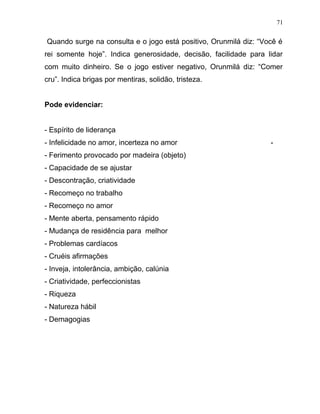 Quando surge na consulta e o jogo está positivo, Orunmilá diz: “Você é
rei somente hoje”. Indica generosidade, decisão, facilidade para lidar
com muito dinheiro. Se o jogo estiver negativo, Orunmilá diz: “Comer
cru”. Indica brigas por mentiras, solidão, tristeza.
Pode evidenciar:
- Espírito de liderança
- Infelicidade no amor, incerteza no amor -
- Ferimento provocado por madeira (objeto)
- Capacidade de se ajustar
- Descontração, criatividade
- Recomeço no trabalho
- Recomeço no amor
- Mente aberta, pensamento rápido
- Mudança de residência para melhor
- Problemas cardíacos
- Cruéis afirmações
- Inveja, intolerância, ambição, calúnia
- Criatividade, perfeccionistas
- Riqueza
- Natureza hábil
- Demagogias
71
 