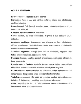 ODU EJILASHEBORA
Representação: 12 (doze) búzios abertos
Elementos: Água e Ar, que significa esforços diante dos obstáculos,
conflitos, disputas.
Ponto Cardeal: Sul. Simboliza mudanças de comportamento repentino e
duradouro, ambição.
Conceito de Entendimento: “Decapitar”.
Cores: Marrom, ou cores indefinidas. Significa o que está por vir, o
estranho.
Aspectos positivos: desesperos que chegam ao fim. Inteligência,
vitórias em disputas, amizade transformada em romance, contratos de
compra e venda bem elaborados.
Aspectos negativos: inimigo difícil de ser derrotado, negócios mal
feitos, tendência suicida, sociedades ruins.
Doenças: loucura, paralisia parcial, problemas neurológicos, câncer de
boca e garganta.
Relação com o Destino: insatisfação com tudo e todos, desequilíbrio
emocional, humor inconstante, solidão e sensação de angústia.
Espiritualidade: reaproximações de amizades estão conservadas na
solidariedade das pessoas ainda consideradas humanistas.
Trabalho: a ganância não pode ser o único objetivo com relação ao
trabalho. A divisão, o compartilhar permite desenvolvimento.
Amor: esgotamento físico e, principalmente mental transbordam em
desarmonia. Amar é ato doutrinatório.
78
 