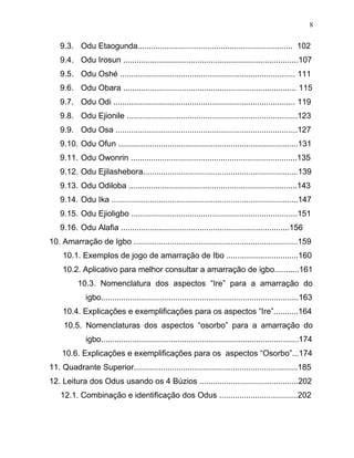 9.3. Odu Etaogunda..................................................................... 102
9.4. Odu Irosun ..............................................................................107
9.5. Odu Oshé .............................................................................. 111
9.6. Odu Obara ............................................................................. 115
9.7. Odu Odi ................................................................................. 119
9.8. Odu Ejionile ............................................................................123
9.9. Odu Osa .................................................................................127
9.10. Odu Ofun ................................................................................131
9.11. Odu Owonrin ..........................................................................135
9.12. Odu Ejilashebora.....................................................................139
9.13. Odu Odiloba ...........................................................................143
9.14. Odu Ika ...................................................................................147
9.15. Odu Ejioligbo ..........................................................................151
9.16. Odu Alafia ...........................................................................156
10. Amarração de Igbo .........................................................................159
10.1. Exemplos de jogo de amarração de Ibo ................................160
10.2. Aplicativo para melhor consultar a amarração de igbo...........161
10.3. Nomenclatura dos aspectos “Ire” para a amarração do
igbo........................................................................................163
10.4. Explicações e exemplificações para os aspectos “Ire”...........164
10.5. Nomenclaturas dos aspectos “osorbo” para a amarração do
igbo........................................................................................174
10.6. Explicações e exemplificações para os aspectos “Osorbo”...174
11. Quadrante Superior.........................................................................185
12. Leitura dos Odus usando os 4 Búzios ............................................202
12.1. Combinação e identificação dos Odus ...................................202
8
 