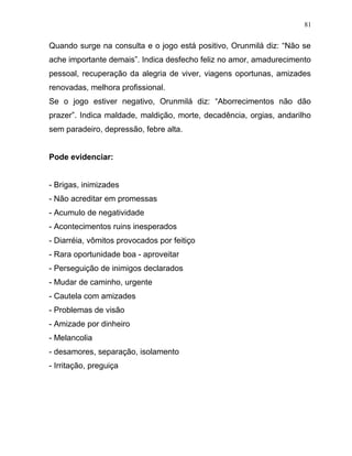 Quando surge na consulta e o jogo está positivo, Orunmilá diz: “Não se
ache importante demais”. Indica desfecho feliz no amor, amadurecimento
pessoal, recuperação da alegria de viver, viagens oportunas, amizades
renovadas, melhora profissional.
Se o jogo estiver negativo, Orunmilá diz: “Aborrecimentos não dão
prazer”. Indica maldade, maldição, morte, decadência, orgias, andarilho
sem paradeiro, depressão, febre alta.
Pode evidenciar:
- Brigas, inimizades
- Não acreditar em promessas
- Acumulo de negatividade
- Acontecimentos ruins inesperados
- Diarréia, vômitos provocados por feitiço
- Rara oportunidade boa - aproveitar
- Perseguição de inimigos declarados
- Mudar de caminho, urgente
- Cautela com amizades
- Problemas de visão
- Amizade por dinheiro
- Melancolia
- desamores, separação, isolamento
- Irritação, preguiça
81
 