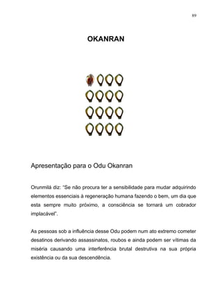 OKANRAN
Apresentação para o Odu Okanran
Orunmilá diz: “Se não procura ter a sensibilidade para mudar adquirindo
elementos essenciais à regeneração humana fazendo o bem, um dia que
esta sempre muito próximo, a consciência se tornará um cobrador
implacável”.
As pessoas sob a influência desse Odu podem num ato extremo cometer
desatinos derivando assassinatos, roubos e ainda podem ser vítimas da
miséria causando uma interferência brutal destrutiva na sua própria
existência ou da sua descendência.
89
 