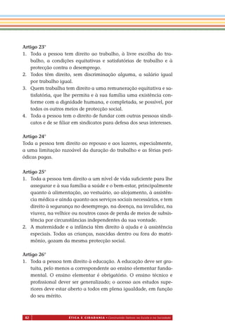 82 É T I C a e C I d a d a n I a • Construindo Valores na Escola e na Sociedade
Artigo 23°
1. Toda a pessoa tem direito ao trabalho, à livre escolha do tra-
balho, a condições equitativas e satisfatórias de trabalho e à
protecção contra o desemprego.
2. Todos têm direito, sem discriminação alguma, a salário igual
por trabalho igual.
3. Quem trabalha tem direito a uma remuneração equitativa e sa-
tisfatória, que lhe permita e à sua família uma existência con-
forme com a dignidade humana, e completada, se possível, por
todos os outros meios de protecção social.
4. Toda a pessoa tem o direito de fundar com outras pessoas sindi-
catos e de se ﬁliar em sindicatos para defesa dos seus interesses.
Artigo 24°
Toda a pessoa tem direito ao repouso e aos lazeres, especialmente,
a uma limitação razoável da duração do trabalho e as férias peri-
ódicas pagas.
Artigo 25°
1. Toda a pessoa tem direito a um nível de vida suﬁciente para lhe
assegurar e à sua família a saúde e o bem-estar, principalmente
quanto à alimentação, ao vestuário, ao alojamento, à assistên-
cia médica e ainda quanto aos serviços sociais necessários, e tem
direito à segurança no desemprego, na doença, na invalidez, na
viuvez, na velhice ou noutros casos de perda de meios de subsis-
tência por circunstâncias independentes da sua vontade.
2. A maternidade e a infância têm direito à ajuda e à assistência
especiais. Todas as crianças, nascidas dentro ou fora do matri-
mônio, gozam da mesma protecção social.
Artigo 26°
1. Toda a pessoa tem direito à educação. A educação deve ser gra-
tuita, pelo menos a correspondente ao ensino elementar funda-
mental. O ensino elementar é obrigatório. O ensino técnico e
proﬁssional dever ser generalizado; o acesso aos estudos supe-
riores deve estar aberto a todos em plena igualdade, em função
do seu mérito.
Miolo_EticaCidadania_fim.indd 82 29.04.07 22:10:13
 