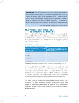 Desvantagem: prejuízo para o indivíduo, resultante de uma deficiência
ou uma incapacidade, que limita ou impede o desempenho de papéis de
acordo com a idade, sexo, fatores sociais e culturais Caracteriza-se por
uma discordância entre a capacidade individual de realização e as expec-
tativas do indivíduo ou do seu grupo social. Representa a socialização da
deficiência e relaciona-se às dificuldades nas habilidades de sobrevivência.
Fonte:AMIRALIAN et al. Rev. Saúde Pública vol.34 n.1 São Paulo Feb. 2009.
15.2 Pessoas com deficiência
no ambiente de trabalho
A Lei n. 8.213 de 1991, regulamentada em 1999, com a publicação do De-
creto n. 3.298 estabelece a reserva legal de cargos para pessoas com deficiên-
cia. Estabelece que as empresas devem contratar um determinado percentual
de pessoas com deficiência em função do número de empregados que tiver
em seu quadro, ou seja:
Tabela 15.1: Percentual de pessoas com deficiência
em função do número de funcionários.
Número de empregados no quadro
da organização
Percentual de empregados com de-
ficiência que a organização é obri-
gada a contratar
de 100 a 200 2%
de 201 a 500 3%
de 501 a 1.000 4%
de 1.001 em diante 5%
Fonte: BRASIL,ANO. Disponível em: http://www.mte.gov.br/fisca_trab/inclusao/lei_cotas.asp Acesso em: 04 mar. 2012.
No entanto, Carvalho-Freitas (2009) enfatiza que as organizações não estão
preparadas para receber pessoas com deficiência em seu quadro de funcio-
nários dadas as condições de trabalho que estes trabalhadores necessitam.
Além disso, há que se considerar ainda a satisfação que buscam e encontram
no ambiente de trabalho, fato que transcende a busca pelo desempenho e
precisa ser considerado pelas organizações em suas decisões cotidianas.
Para avaliar o nível de limitação de um trabalhador, Stephens e Hétu (1991)
sugerem que se realize entrevistas, aplique questionários ou testes. Desta
maneira, a organização pode conhecer as limitações ou incapacidades do
trabalhador reunindo subsídios para oferecer-lhe um ambiente de trabalho
seguro e saudável.
Ética e Cidadaniae-Tec Brasil 74
 