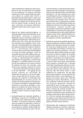 17
mais semelhanças e diferenças entre as es-
pécies do que as facilmente encontradas
em sua anatomia. Os mesmos métodos
usados para inferir a genealogia das espé-
cies podem ser usados para inferir a
genealogia dos próprios genes. Assim, por
exemplo, estudos moleculares da Evolução
podem usar seqüências de DNA para esti-
mar há quanto tempo variantes de um
gene, presentes em pessoas diferentes,
surgiram a partir de um único gene ances-
tral.
• Bancos de dados paleontológicosBancos de dados paleontológicosBancos de dados paleontológicosBancos de dados paleontológicosBancos de dados paleontológicos. A
Paleontologia Evolutiva fundamenta-se na
Sistemática, incluindo a inferência
filogenética, pois é necessário classificar os
organismos fossilizados e determinar as re-
lações entre eles, antes que eles possam
ser utilizados para qualquer outra coisa.
Feito isto, os fósseis podem ser usados para
dois tipos principais de estudos evolutivos.
Um é o rastreamento das mudanças
evolutivas das características das linhagens
ao longo do tempo geológico, como as
ocorridas durante a descendência dos ma-
míferos a partir de seus ancestrais répteis.
O outro é a determinação dos tempos e
velocidades de surgimento e extinção das
linhagens e o estabelecimento da correla-
ção de tais mudanças com outros eventos
da História da Terra. Por exemplo, cada
uma de cinco grandes extinções em massa
— uma delas claramente devida ao impac-
to de um asteróide — foi seguida de um
grande aumento na velocidade de
surgimento de espécies e de taxons supe-
riores, fornecendo provas de que a diver-
sificação das espécies é estimulada pela
disponibilidade de recursos ociosos. Os
estudos da biodiversidade fóssil baseiam-
se em bancos de dados computadorizados
referentes à ocorrência geológica e geo-
gráfica de milhares de taxons fósseis, da-
dos acumulados por milhares de paleon-
tólogos de todo o mundo ao longo de dois
séculos.
• Caracterização da variação genética eCaracterização da variação genética eCaracterização da variação genética eCaracterização da variação genética eCaracterização da variação genética e
fenotípicafenotípicafenotípicafenotípicafenotípica. Caracterizar a variação é uma
das tarefas mais importantes da Biologia
Evolutiva. Os métodos estatísticos usados
para isso podem ser aplicados a muitos ti-
pos diferentes de dados. A análise genéti-
ca quantitativa, também usada amplamen-
te no cultivo de plantas de safra e de ani-
mais domésticos, é uma ferramenta impor-
tante para medir e distinguir variações ge-
néticas e não-genéticas das características
fenotípicas. Um dos métodos para fazer
esta distinção envolve a medida das seme-
lhanças entre parentes, o que exige o co-
nhecimento das relações entre os indiví-
duos pertencentes a populações naturais.
Muitas vezes, tais informações podem ser
obtidas por meio de marcadores genéticos
moleculares. Avanços recentes das
tecnologias moleculares baseadas no DNA
viabilizaram a construção de mapas gené-
ticos detalhados para uma ampla gama de
espécies, bem como a identificação de re-
giões específicas do DNA que controlam
ou regulam caracteres quantitativos.
• Inferência a partir de padrões genéticosInferência a partir de padrões genéticosInferência a partir de padrões genéticosInferência a partir de padrões genéticosInferência a partir de padrões genéticos.
Muitas mudanças evolutivas (embora não
todas) levam períodos imensos de tempo,
de modo que freqüentemente os proces-
sos envolvidos são inferidos com base em
padrões de variação existentes, e não em
observação direta. Muitas hipóteses sobre
processos evolutivos podem ser testadas
comparando-se os padrões de variação
genética e fenotípica com aqueles previs-
tos por modelos evolutivos. Por exemplo,
a “teoria neutra” da evolução molecular por
deriva genética sustenta que a variação
molecular intraespecífica deveria ser mai-
or e a divergência entre espécies mais rá-
pida, para genes cujas mutações, em sua
maioria, não têm efeito sobre o valor
adaptativo do organismo, do que para
genes cujas mutações, em sua maioria, têm
grande efeito sobre o valor adaptativo. Se-
gundo este modelo, genes que codificam
proteínas de pouca importância, ou que
não codificam nenhuma proteína funcio-
nal, deveriam apresentar variação de
nucleotídeos maior do que genes que co-
dificam proteínas funcionalmente impor-
tantes. Estudos de variação do DNA con-
firmaram amplamente este modelo. Este
modelo é tão poderoso que atualmente os
biólogos moleculares usam rotineiramen-
te o nível de variação das seqüências en-
tre espécies como indício de uma maior ou
menor importância da função de uma se-
qüência de DNA recém-descrita.
• Observação das mudanças evolutivasObservação das mudanças evolutivasObservação das mudanças evolutivasObservação das mudanças evolutivasObservação das mudanças evolutivas.
Algumas mudanças evolutivas importan-
tes ocorrem com rapidez suficiente para
 