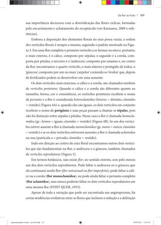 Da ﬂor ao fruto | 121
sua importância decresceu com a diversificação das flores cíclicas, formadas
pelo encurtamento e achatamento do receptáculo (ver Karasawa, 2009 e refe-
rências).
Embora a disposição dos elementos florais no eixo possa variar, a ordem
dos verticilos florais é sempre a mesma, seguindo o padrão mostrado na Figu-
ra 3. Em uma flor completa o primeiro verticilo a se formar no eixo e, portanto,
o mais externo, é o cálice, composto por sépalas; o segundo é a corola, com-
posta por pétalas, o terceiro é o ‘androceu’, composto por estames e, no centro
da flor, encontramos o quarto verticilo, o mais interno e protegido de todos, o
‘gineceu’, composto por um ou mais ‘carpelos’ contendo os ‘óvulos’ que, depois
de fertilizados podem se desenvolver em uma semente.
Os dois verticilos mais externos, o cálice e a corola, são chamados também
de verticilos protetores. Quando o cálice e a corola são diferentes quanto ao
tamanho, forma, cor e consistência, os verticilos protetores recebem o nome
de perianto e a flor é considerada heteroclamídea (heteros = distinto; clamidos
= vestido) (Figura 4A) e, quando eles são iguais, os dois verticilos em conjunto
recebem o nome de perigônio e suas peças passam a chamar-se tépalas, pois
não há distinção entre sépalas e pétalas. Nesse caso a flor é chamada homocla-
mídea (gr.: homos = iguais; clamidos = vestido) (Figura 4B). Se um dos vertici-
los estiver ausente a flor á chamada monoclamídea (gr. mono = único; clamidos
= vestido) e se os dois verticilos estiverem ausentes a flor é chamada aclamídea
ou nua (partícula a = privado; clamidos = vestido).
Indo em direção ao centro do eixo floral encontramos outros dois vertici-
los que são fundamentais na flor, o androceu e o gineceu, também chamados
de verticilos reprodutores (Figura 3).
Em termos botânicos, não existe flor, no sentido restrito, sem pelo menos
um dos dois verticilos reprodutores. Pode faltar o androceu ou o gineceu que
ela continuará sendo flor (flor unissexual ou flor imperfeita(( ), pode faltar o cáli-
ce ou a corola (flor monoclamídea), ou pode ainda faltar o perianto completo
(flor aclamídea), mas nunca poderão faltar os dois verticilos reprodutores em
uma mesma flor (FONT QUER, 1953).
Apesar de toda a variação que pode ser encontrada nas angiospermas, há
certas tendências evolutivas entre as flores que incluem a redução e a definição
experimentando ciencia - prova9.indd 121experimentando ciencia - prova9.indd 121 19/07/2011 12:41:0319/07/2011 12:41:03
 