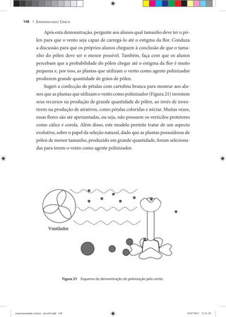 EXPERIMENTANDO CIÊNCIA148 |
Após esta demonstração, pergunte aos alunos qual tamanho deve ter o pó-
len para que o vento seja capaz de carregá-lo até o estigma da flor. Conduza
a discussão para que os próprios alunos cheguem à conclusão de que o tama-
nho do pólen deve ser o menor possível. Também, faça com que os alunos
percebam que a probabilidade do pólen chegar até o estigma da flor é muito
pequena e, por isso, as plantas que utilizam o vento como agente polinizador
produzem grande quantidade de grãos de pólen.
Sugeri a confecção de pétalas com cartolina branca para mostrar aos alu-
nos que as plantas que utilizam o vento como polinizador (Figura 21) investem
seus recursos na produção de grande quantidade de pólen, ao invés de inves-
tirem na produção de atrativos, como pétalas coloridas e néctar. Muitas vezes,
essas flores são até aperiantadas, ou seja, não possuem os verticilos protetores
como cálice e corola. Além disso, este modelo permite tratar de um aspecto
evolutivo, sobre o papel da seleção natural, dado que as plantas possuidoras de
pólen de menor tamanho, produzido em grande quantidade, foram seleciona-
das para terem o vento como agente polinizador.
Figura 21 Esquema da demonstração de polinização pelo vento.
experimentando ciencia - prova9.indd 148experimentando ciencia - prova9.indd 148 19/07/2011 12:41:2919/07/2011 12:41:29
 