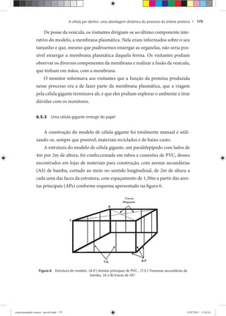 A célula por dentro: uma abordagem dinâmica do processo da síntese proteica | 179
De posse da vesícula, os visitantes dirigiam-se ao último componente inte-
rativo do modelo, a membrana plasmática. Nela eram informados sobre o seu
tamanho e que, mesmo que pudéssemos enxergar as organelas, não seria pos-
sível enxergar a membrana plasmática daquela forma. Os visitantes podiam
observar os diversos componentes da membrana e realizar a fusão da vesícula,
que tinham em mãos, com a membrana.
O monitor informava aos visitantes que a função da proteína produzida
nesse processo era a de fazer parte da membrana plasmática, que a viagem
pela célula gigante terminava ali, e que eles podiam explorar o ambiente e tirar
dúvidas com os monitores.
6.5.3 Uma célula-gigante emerge do papel
A construção do modelo de célula-gigante foi totalmente manual e utili-
zando-se, sempre que possível, materiais reciclados e de baixo custo.
A estrutura do modelo de célula gigante, um paralelepípedo com lados de
4m por 2m de altura, foi confeccionada em tubos e conexões de PVC, desses
encontrados em lojas de materiais para construção, com arestas secundárias
(AS) de bambu, cortado ao meio no sentido longitudinal, de 2m de altura a
cada uma das faces da estrutura, com espaçamento de 1,30m a partir das ares-
tas principais (APs) conforme esquema apresentado na figura 6.
Figura 6 Estrutura do modelo. (A.P.) Arestas principais de PVC.; (T.S.) Travessas secundárias de
bambu; (A e B) travas de 45º.
experimentando ciencia - prova9.indd 179experimentando ciencia - prova9.indd 179 19/07/2011 12:42:0119/07/2011 12:42:01
 