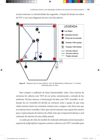 A célula por dentro: uma abordagem dinâmica do processo da síntese proteica | 181
as luzes internas e a interatividade das organelas. A fiação foi fixada nos tubos
de PVC e nas varas diagonais do teto com fita adesiva.
Figura 8 Diagrama dos circuitos elétricos. (M e R) Mitocôndria e Ribossomo; (*) tomada
localizada junto ao chão.
Para compor o ambiente de baixa luminosidade, toda a face externa da
estrutura foi coberta com TNT de cor preta, minimizando a entrada de luz
ambiente. Na face interna, a texturização foi feita com TNT vermelho. A uti-
lização da cor vermelha foi devido ao consenso entre o grupo de que uma
célula animal estaria em constante contato com o sangue e isto faria com que
seu interior fosse vermelho. Claro que esta foi somente uma opção dos autores
para a representação do interior da célula visto que é impossível afirmar a real
coloração do interior de uma célula animal.
A confecção do chão do modelo foi realizada utilizando jornal amassado e
espuma de polipropileno (espuma comum) cobertos com TNT vermelho para
experimentando ciencia - prova9.indd 181experimentando ciencia - prova9.indd 181 19/07/2011 12:42:0119/07/2011 12:42:01
 