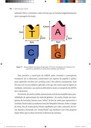 EXPERIMENTANDO CIÊNCIA186 |
utilizado Velcro®
, entretanto, todas tiveram que ser furadas longitudinalmente
para a passagem de arame.
Figura 11 Representações das bases nitrogenadas. (T) timina; (A) adenina; (C) citosina e (G)
guanina; as superfícies em preto foram cobertas com Velcro®
Para permitir a construção do mRNA pelos visitantes e conseqüente
transporte até o ribossomo, construímos um suporte de papelão e palitos
para espetinho envoltos em cartolina azul e fita adesiva transparente. Este
foi mais um recurso didático aplicado, visto que não existe suporte algum na
realidade, entretanto, sua ausência dificultaria muito o transporte do mRNA
até o ribossomo.
No interior do núcleo celular, demonstramos de forma simplificada as pos-
sibilidades de apresentação do material genético. Ao centro, fixado nas man-
gueiras de borracha, fizemos uma “esfera” de fios de cobre para representar o
nucléolo. Dentro dela escondemos uma das lâmpadas internas. Sobre o tampo
da mesa, fios de arame grosso foram espalhados por toda a extensão, de for-
ma aleatória, formando um “emaranhado” que finalizava com uma pequena
dupla-hélice que se abria em frente à abertura da carioteca.
experimentando ciencia - prova9.indd 186experimentando ciencia - prova9.indd 186 19/07/2011 12:42:0219/07/2011 12:42:02
 